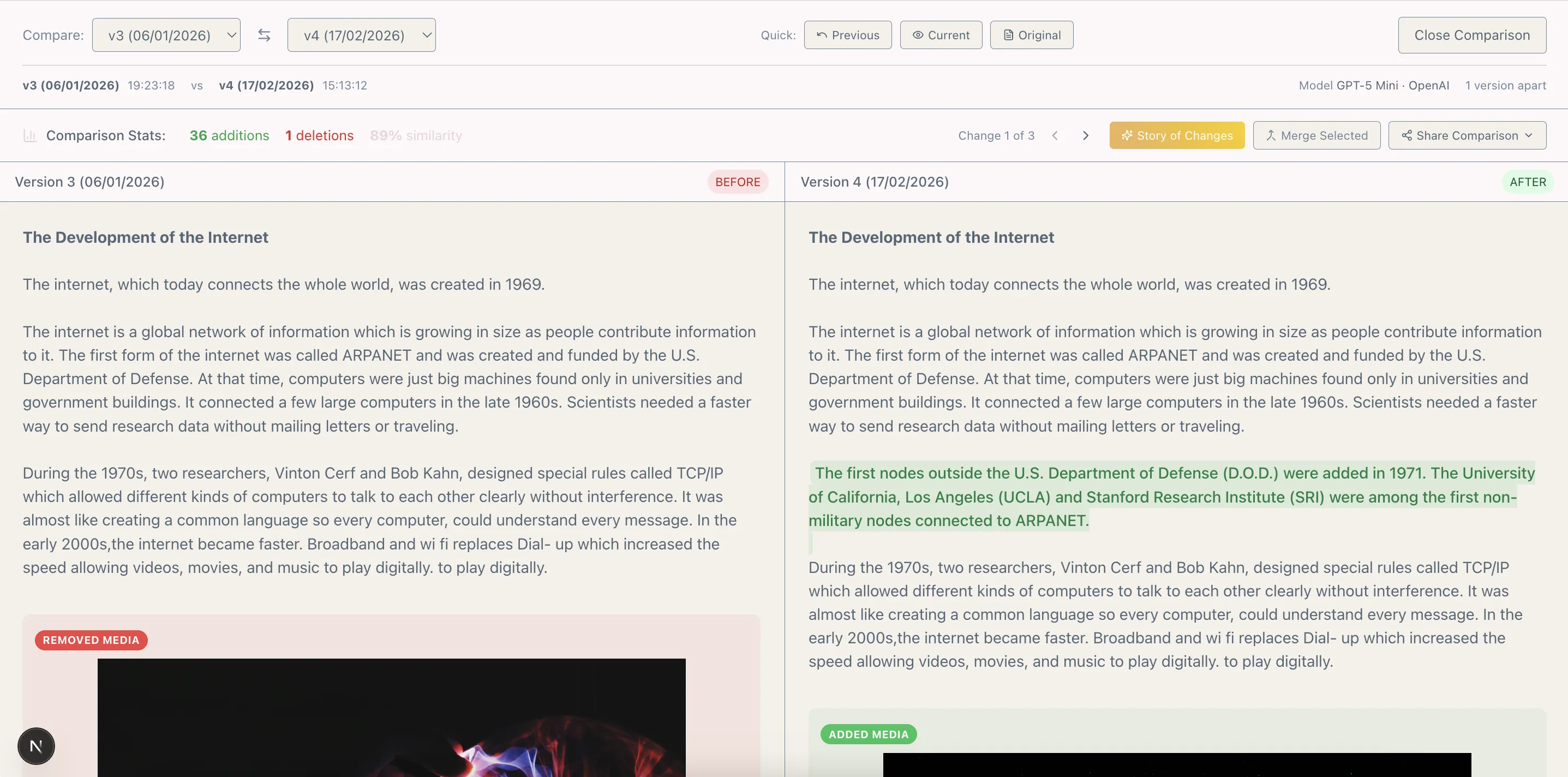 Expanded view of Version Spine comparison in Paradox Editor