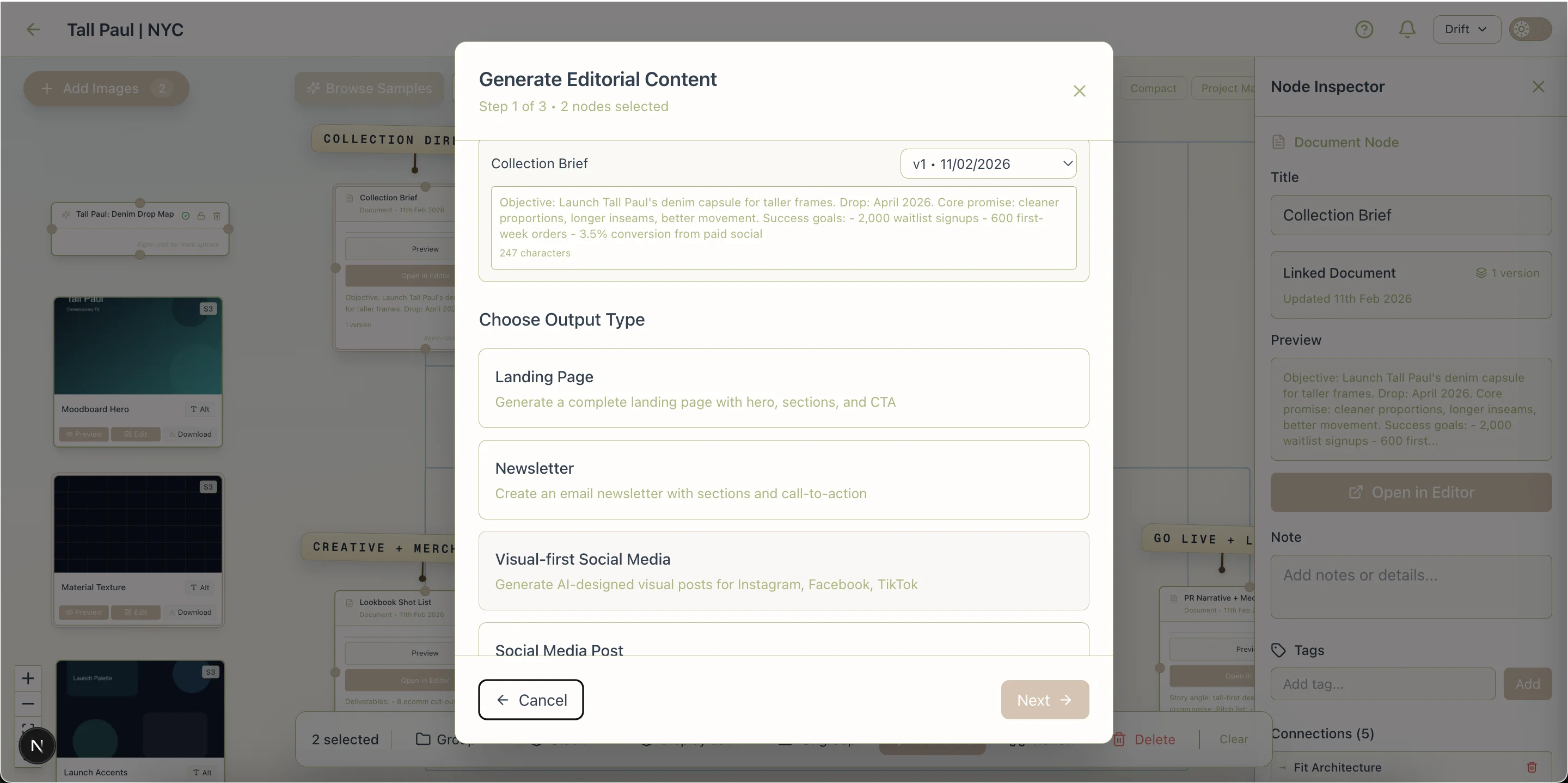 Paradox Canvas showing generated content outputs from connected planning nodes