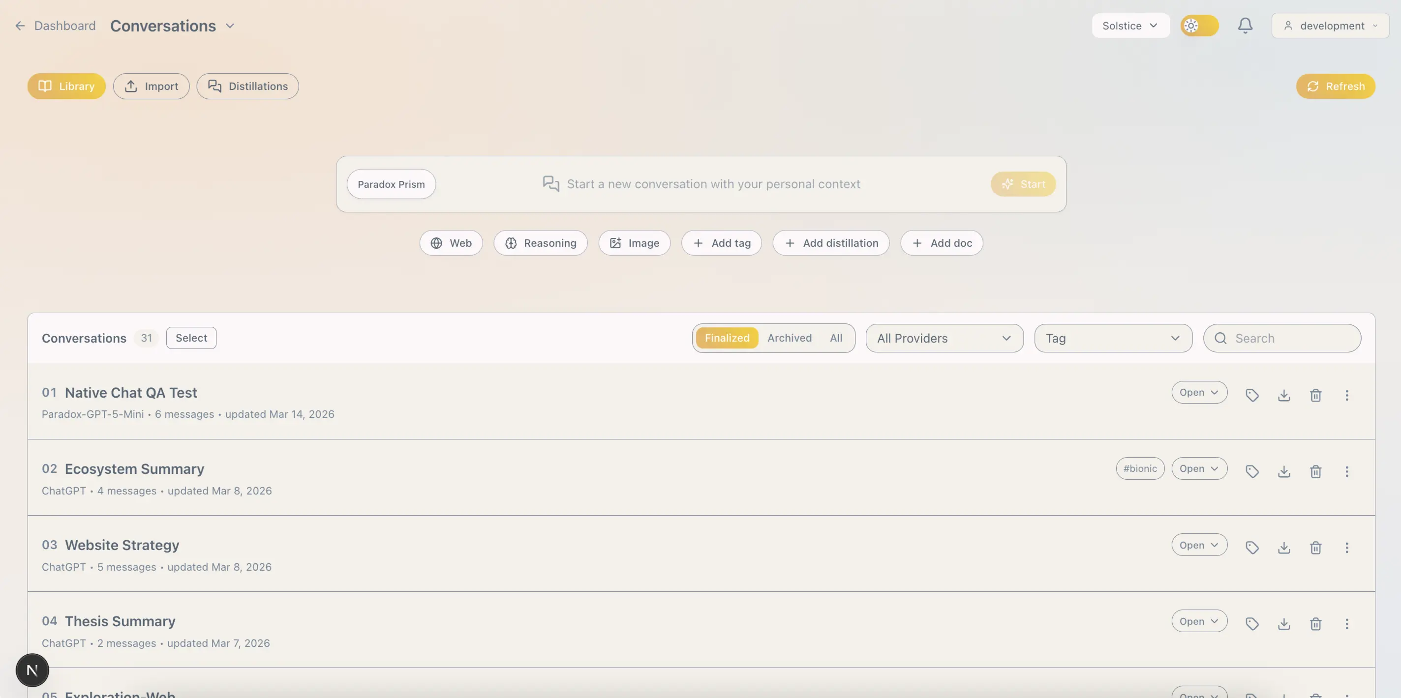 Paradox Conversations workspace showing native and imported chats