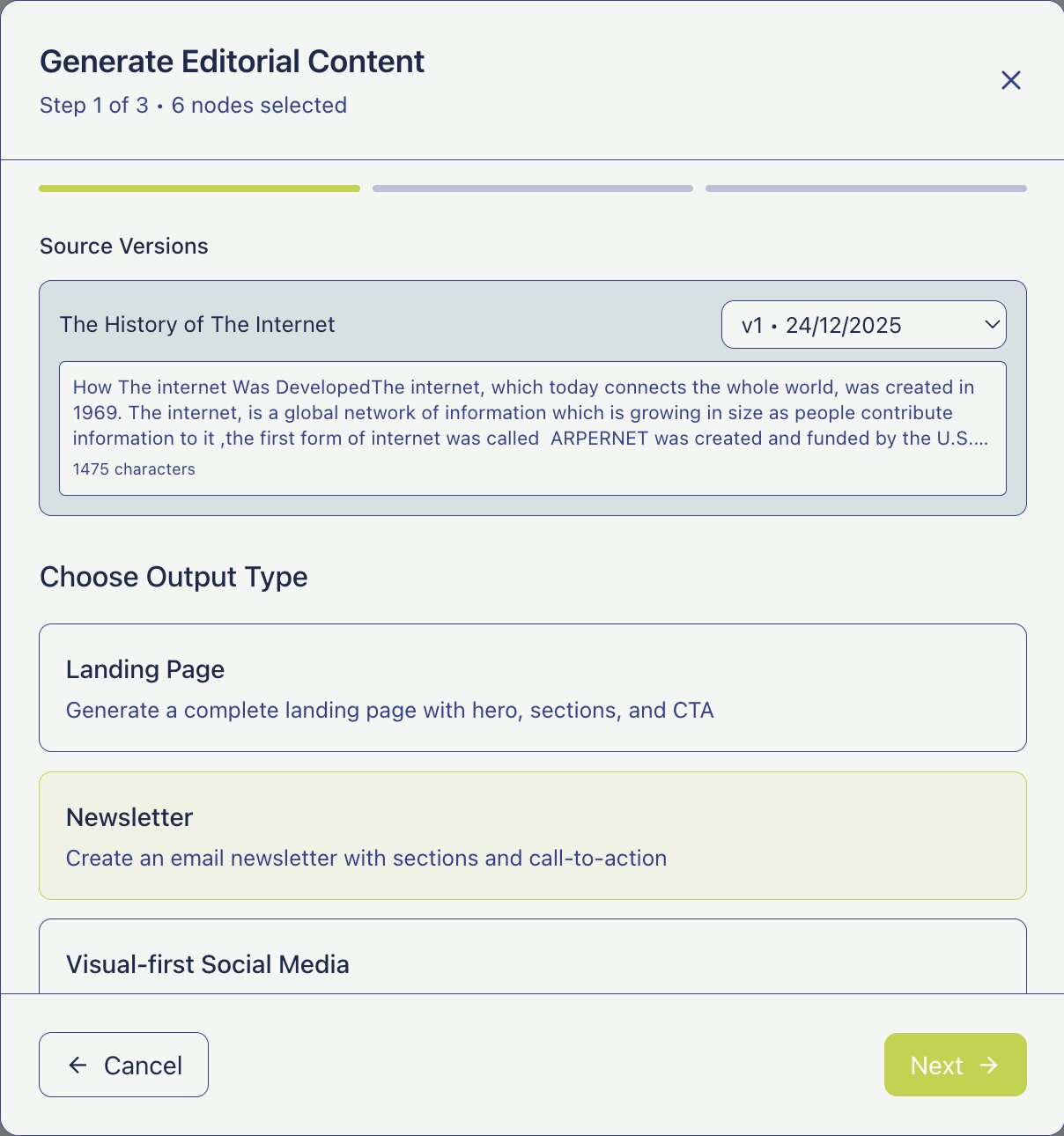 Generate Newsletter selection flow using source content and frames