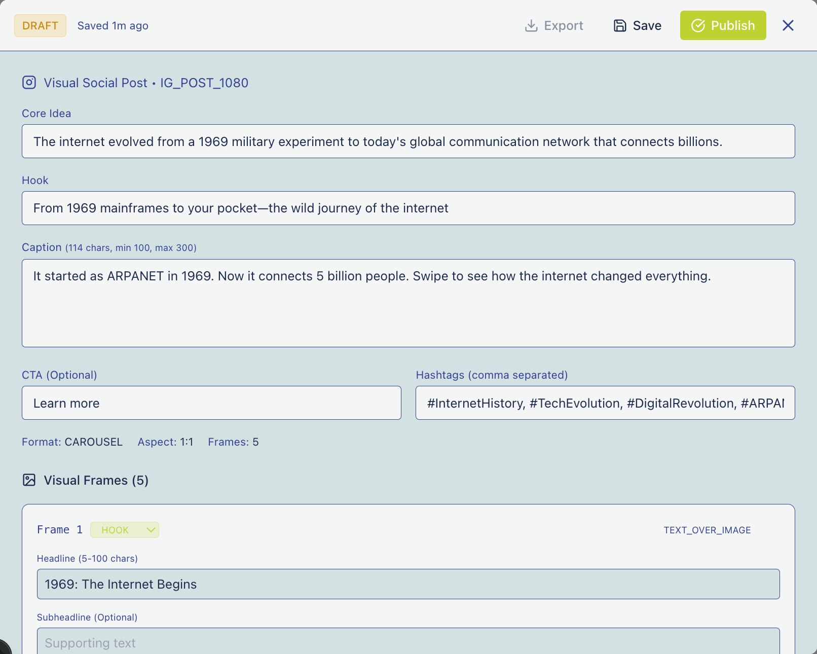 Visual social output generated with editable controls