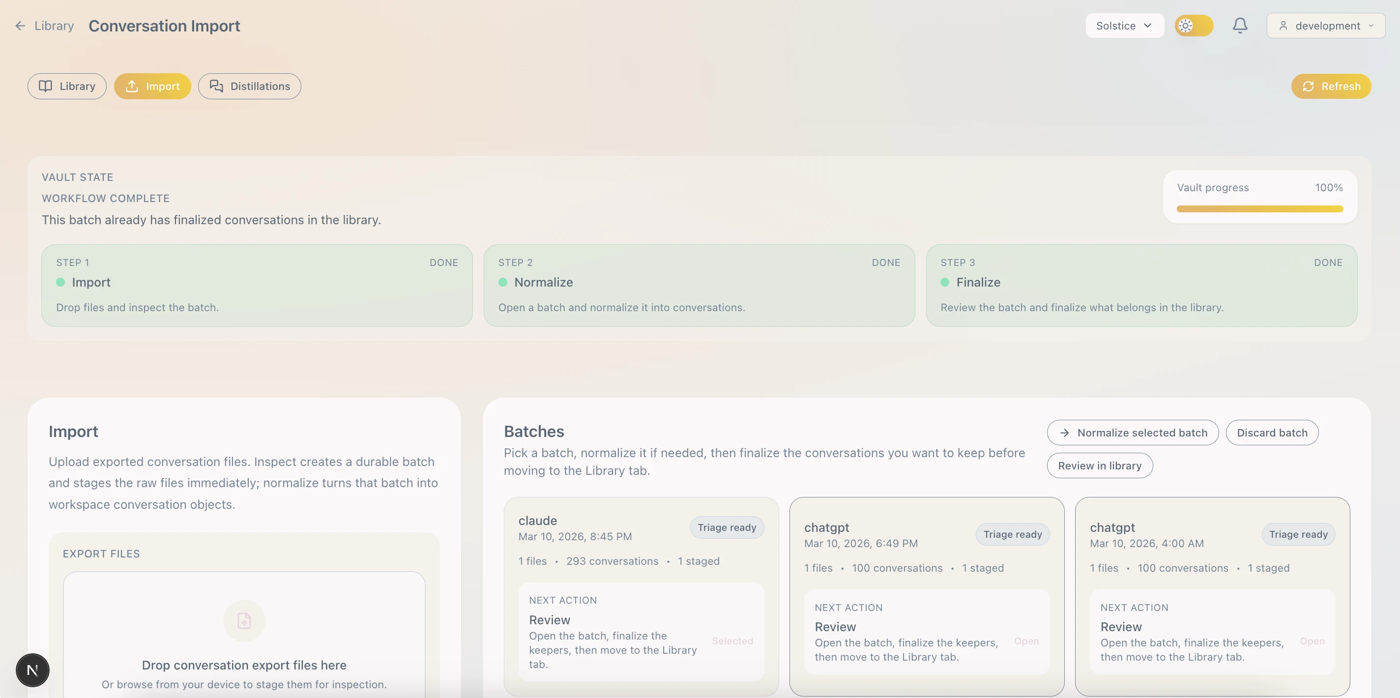 Paradox import workflow for bringing conversations into the workspace