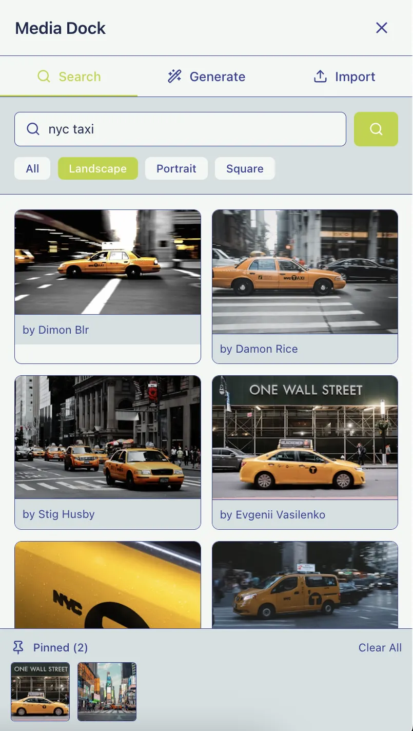 Media dock Unsplash search panel