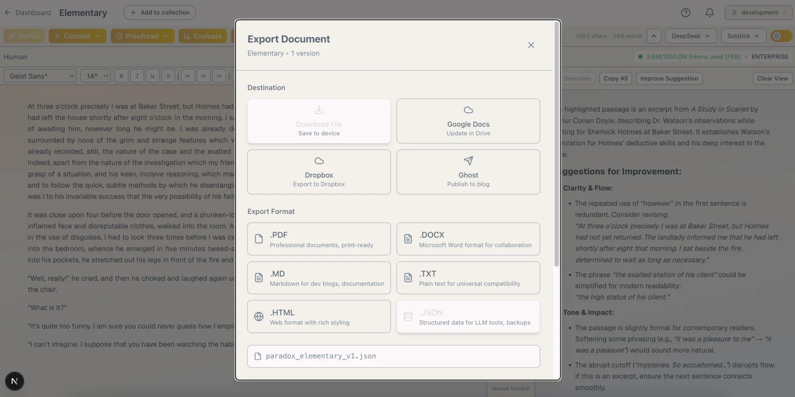 Paradox export dialog with multiple output formats