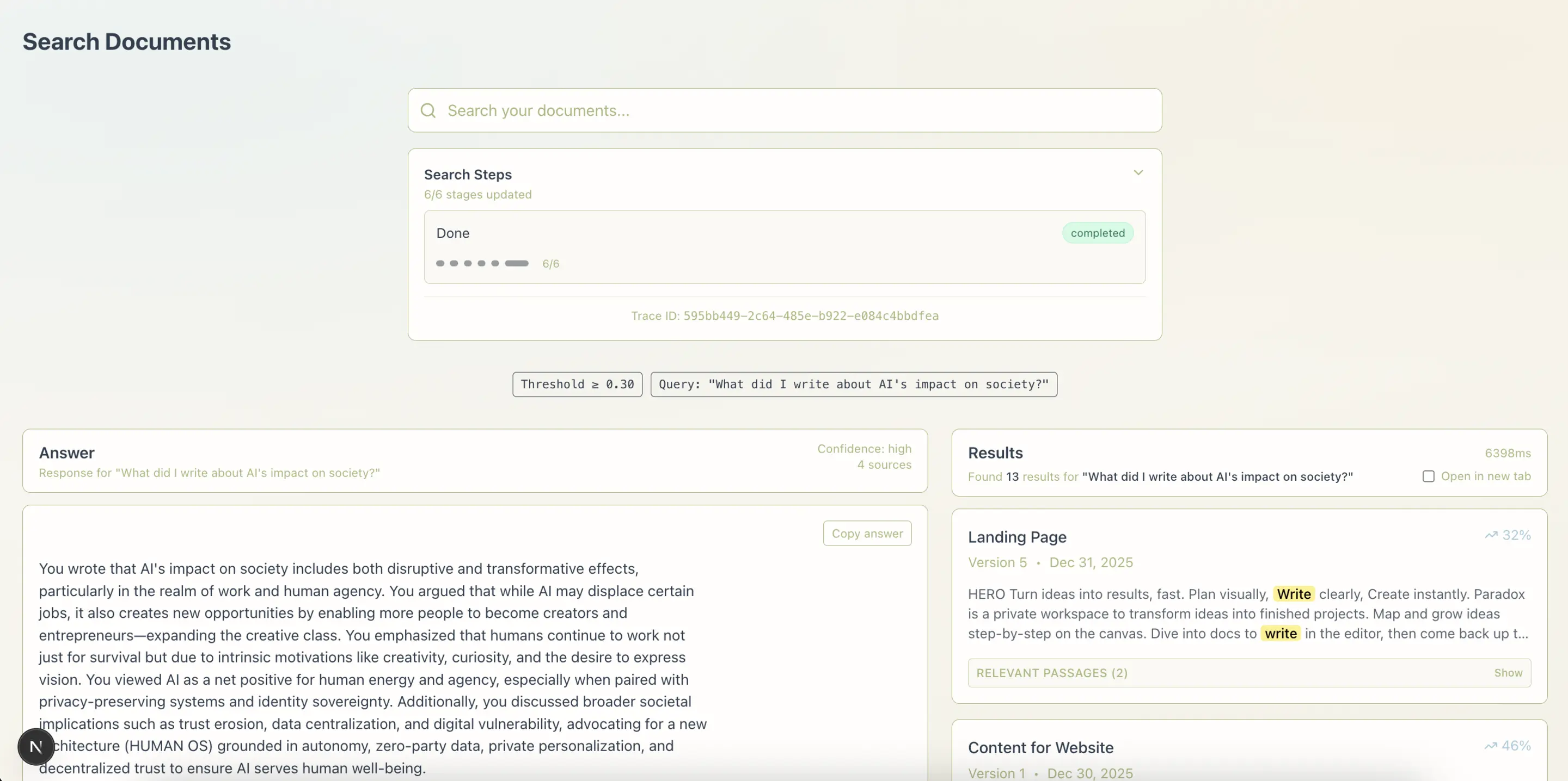 Paradox search view with semantic results across documents